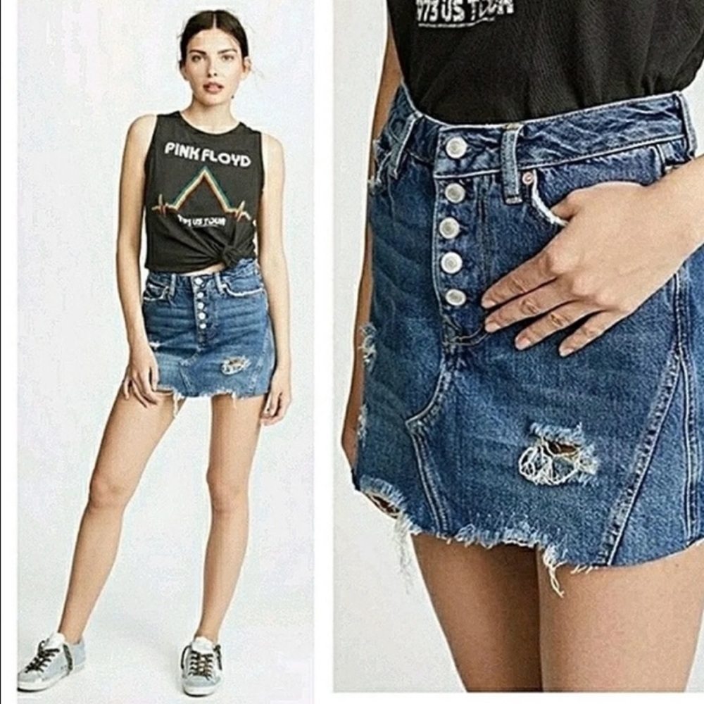 Free People Denim Distressed Button Fly Mini Skirt